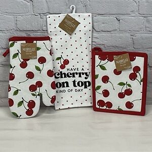 🍒Cherry Theme🍒3 Piece Kitchen Linens Farmhouse Dish Towel Oven Mitt Pot Holder